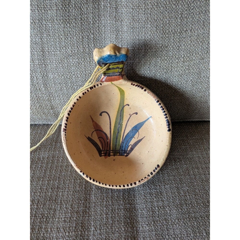 Vintage Mexican Tlaquepaque Clay Hanging Bowl Hand-painted Terracotta.